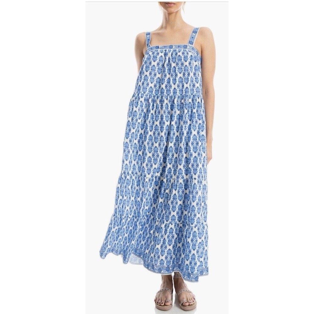 Max Studio Floral Cotton Blend Maxi Tiered Dress Straps, Sleeveless Sz S M